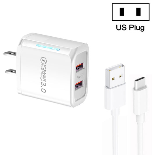36W Dual Port QC3.0 USB Charger with 3A USB to Type-C Data Cable, US Plug, US Plug + USB to Type-C Cable