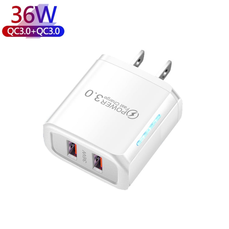 36W Dual Port QC3.0 USB Charger with 3A USB to Type-C Data Cable, US Plug, US Plug + USB to Type-C Cable
