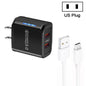 36W Dual Port QC3.0 USB Charger with 3A USB to Type-C Data Cable, US Plug, US Plug + USB to Type-C Cable