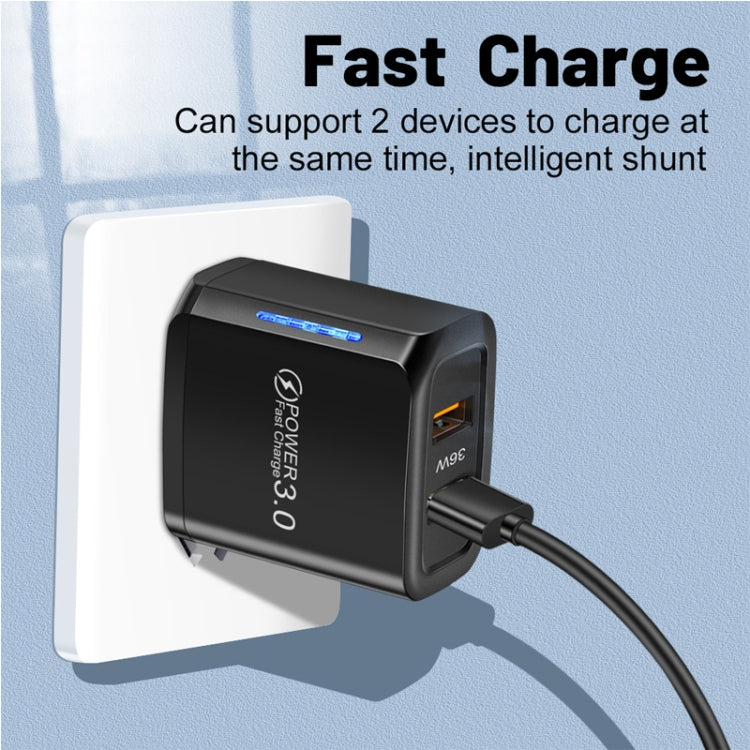 36W Dual Port QC3.0 USB Charger with 3A USB to Type-C Data Cable, US Plug, US Plug + USB to Type-C Cable