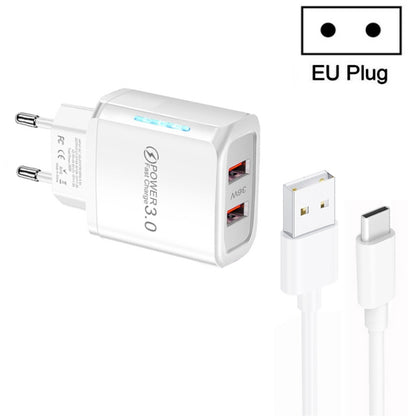 36W Dual Port QC3.0 USB Charger with 3A USB to Type-C Data Cable , EU Plug, EU Plug + USB to Type-C Cable