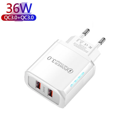 36W Dual Port QC3.0 USB Charger with 3A USB to Type-C Data Cable , EU Plug, EU Plug + USB to Type-C Cable