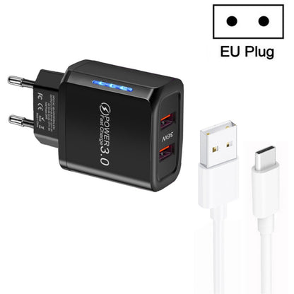 36W Dual Port QC3.0 USB Charger with 3A USB to Type-C Data Cable , EU Plug, EU Plug + USB to Type-C Cable
