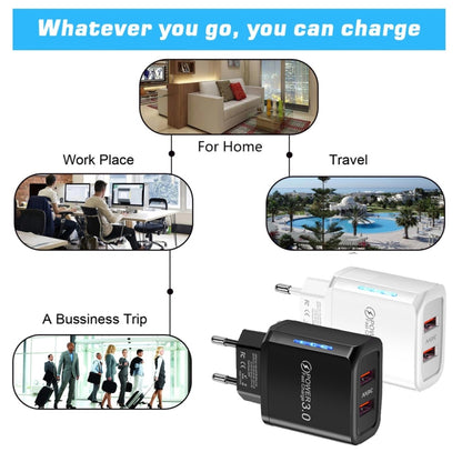 36W Dual Port QC3.0 USB Charger with 3A USB to Type-C Data Cable , EU Plug, EU Plug + USB to Type-C Cable