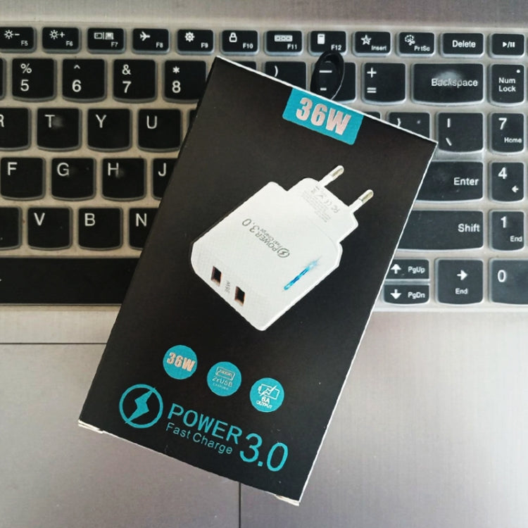 36W Dual Port QC3.0 USB Charger with 3A USB to Type-C Data Cable , EU Plug, EU Plug + USB to Type-C Cable