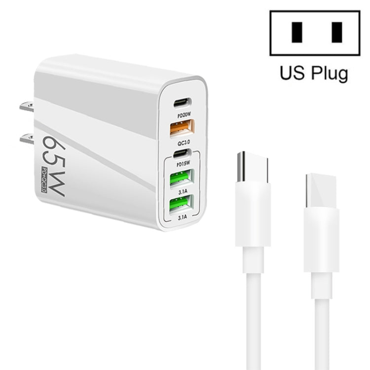 65W Dual PD Type-C + 3 x USB Multi Port Charger with 3A Type-C to Type-C Data Cable, US Plug, US Plug + Type-C to Type-C Cable