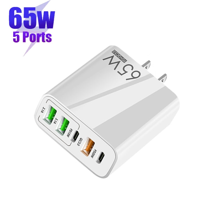65W Dual PD Type-C + 3 x USB Multi Port Charger with 3A Type-C to Type-C Data Cable, US Plug, US Plug + Type-C to Type-C Cable