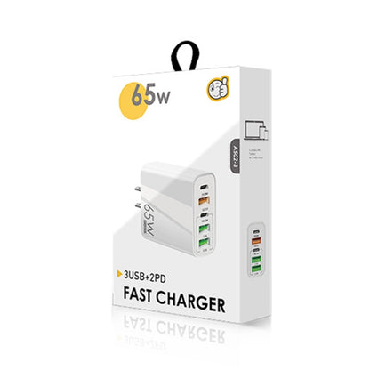 65W Dual PD Type-C + 3 x USB Multi Port Charger with 3A Type-C to Type-C Data Cable, US Plug, US Plug + Type-C to Type-C Cable
