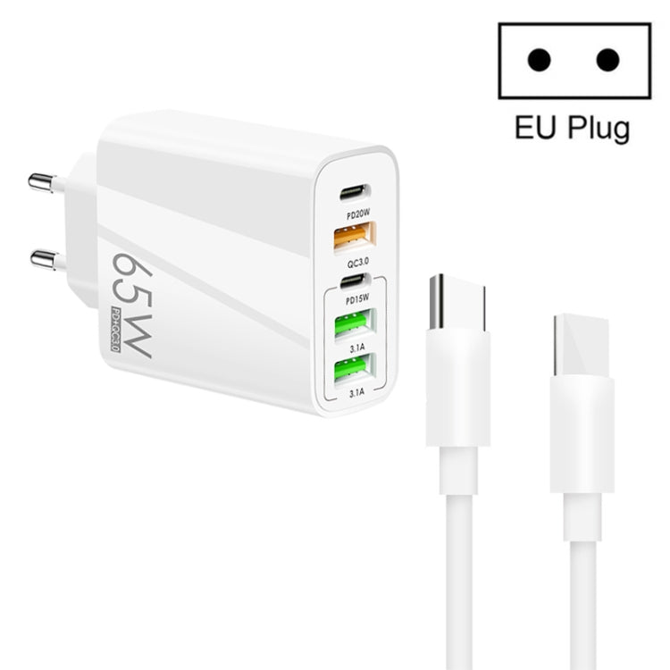 65W Dual PD Type-C + 3 x USB Multi Port Charger with 3A Type-C to Type-C Data Cable, US Plug, EU Plug + Type-C to Type-C Cable