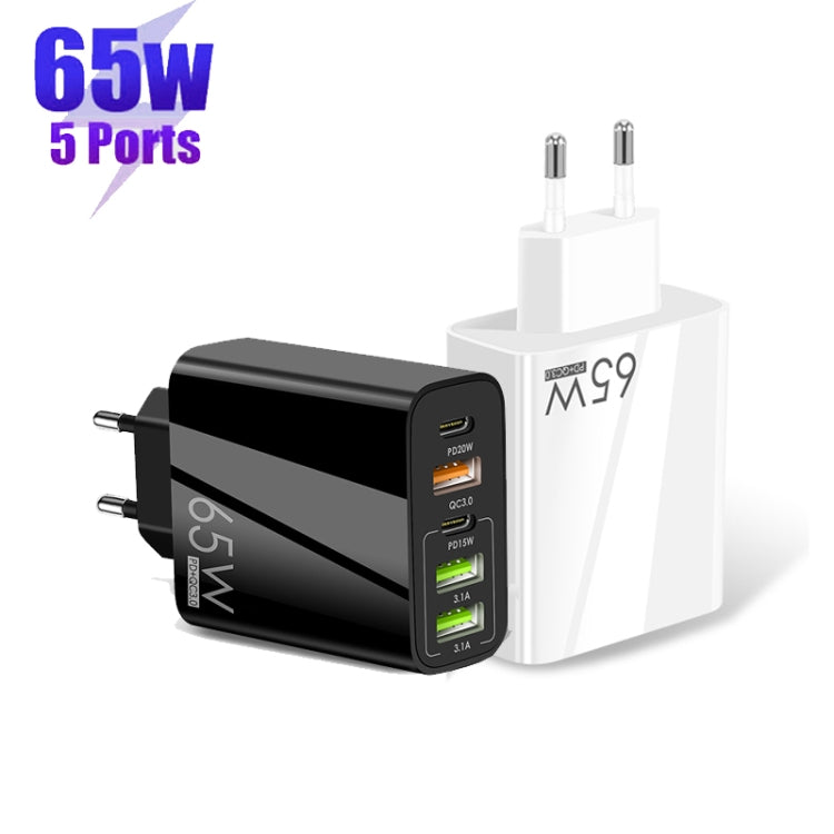 65W Dual PD Type-C + 3 x USB Multi Port Charger with 3A Type-C to Type-C Data Cable, US Plug, EU Plug + Type-C to Type-C Cable