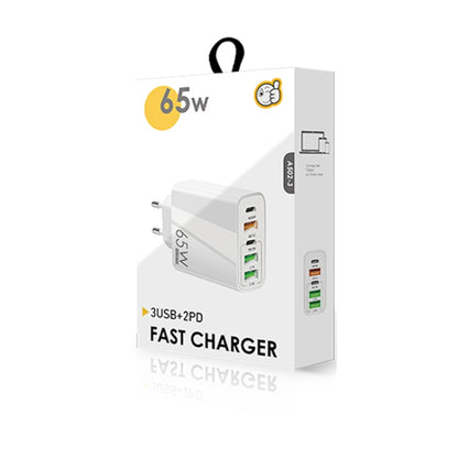65W Dual PD Type-C + 3 x USB Multi Port Charger with 3A Type-C to Type-C Data Cable, US Plug, EU Plug + Type-C to Type-C Cable