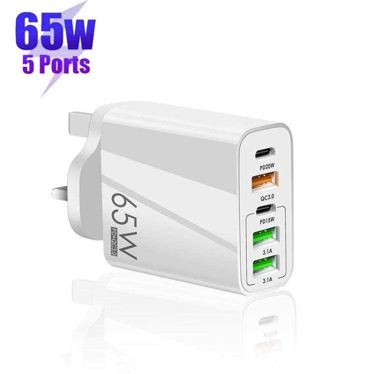 65W Dual PD Type-C + 3 x USB Multi Port Charger with 3A Type-C to Type-C Data Cable, UK Plug, UK Plug + Type-C to Type-C Cable