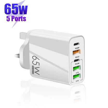 65W Dual PD Type-C + 3 x USB Multi Port Charger with 3A Type-C to Type-C Data Cable, UK Plug, UK Plug + Type-C to Type-C Cable