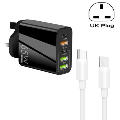 65W Dual PD Type-C + 3 x USB Multi Port Charger with 3A Type-C to Type-C Data Cable, UK Plug, UK Plug + Type-C to Type-C Cable