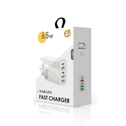 65W Dual PD Type-C + 3 x USB Multi Port Charger with 3A Type-C to Type-C Data Cable, UK Plug, UK Plug + Type-C to Type-C Cable