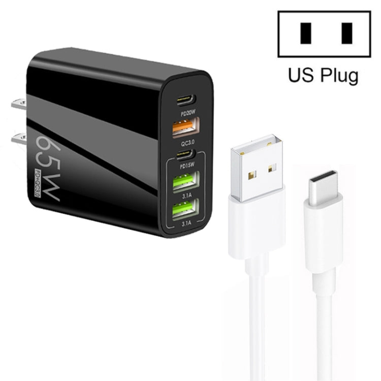 65W Dual PD Type-C + 3 x USB Multi Port Charger with 3A USB to Type-C Data Cable, US Plug, US Plug + USB to Type-C Cable