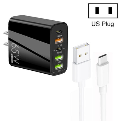 65W Dual PD Type-C + 3 x USB Multi Port Charger with 3A USB to Type-C Data Cable, US Plug, US Plug + USB to Type-C Cable