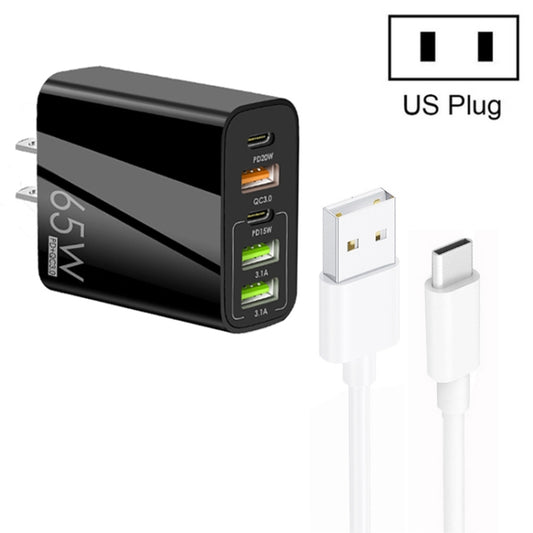65W Dual PD Type-C + 3 x USB Multi Port Charger with 3A USB to Type-C Data Cable, US Plug, US Plug + USB to Type-C Cable