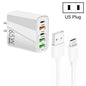 65W Dual PD Type-C + 3 x USB Multi Port Charger with 3A USB to Type-C Data Cable, US Plug, US Plug + USB to Type-C Cable