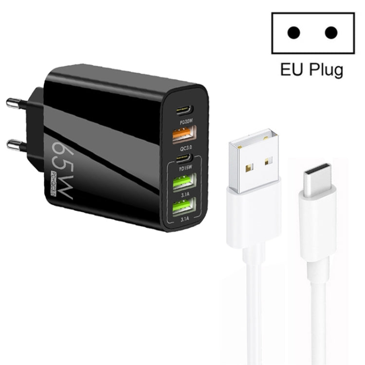 65W Dual PD Type-C + 3 x USB Multi Port Charger with 3A USB to Type-C Data Cable, EU Plug, EU Plug + USB to Type-C Cable