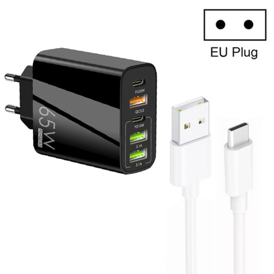 65W Dual PD Type-C + 3 x USB Multi Port Charger with 3A USB to Type-C Data Cable, EU Plug, EU Plug + USB to Type-C Cable