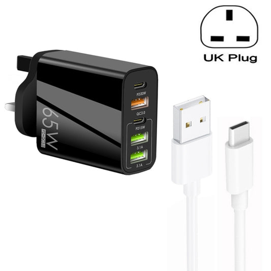 65W Dual PD Type-C + 3 x USB Multi Port Charger with 3A USB to Type-C Data Cable, UK Plug, UK Plug + USB to Type-C Cable