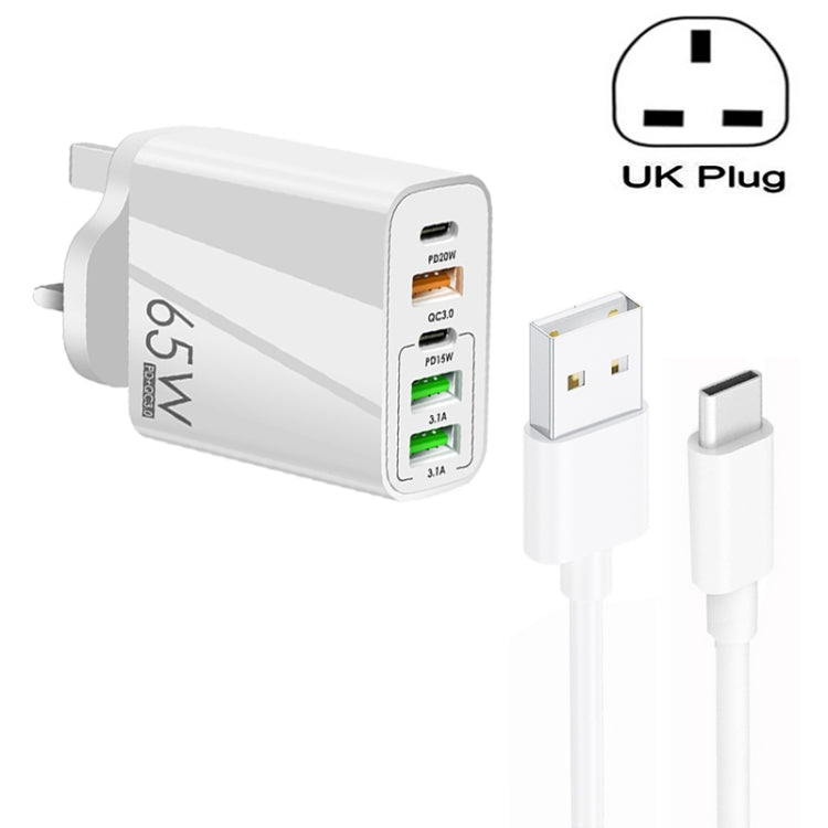 65W Dual PD Type-C + 3 x USB Multi Port Charger with 3A USB to Type-C Data Cable, UK Plug, UK Plug + USB to Type-C Cable