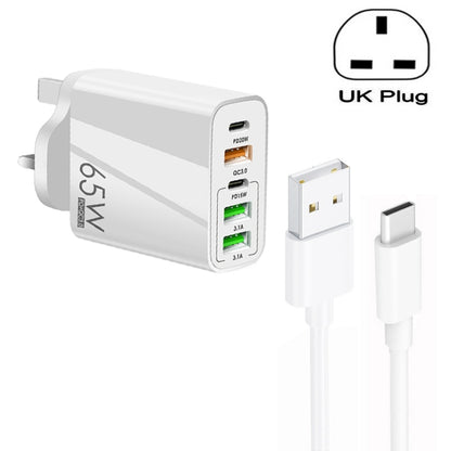 65W Dual PD Type-C + 3 x USB Multi Port Charger with 3A USB to Type-C Data Cable, UK Plug, UK Plug + USB to Type-C Cable