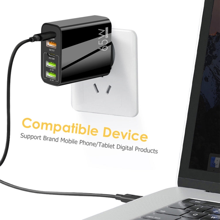 65W Dual PD Type-C + 3 x USB Multi Port Charger with 3A USB to Type-C Data Cable, UK Plug, UK Plug + USB to Type-C Cable