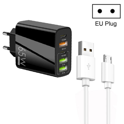 65W Dual PD Type-C + 3 x USB Multi Port Charger with 3A USB to Micro USB Data Cable, EU Plug, EU Plug + USB to Micro USB Cable
