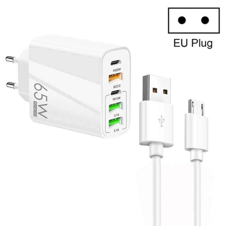 65W Dual PD Type-C + 3 x USB Multi Port Charger with 3A USB to Micro USB Data Cable, EU Plug, EU Plug + USB to Micro USB Cable