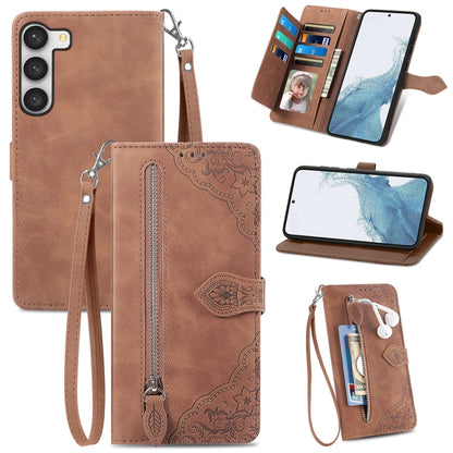 Embossed Flower Zipper Leather Phone Case, For Samsung Galaxy S23 5G, For Samsung Galaxy S23 Plus 5G, For Samsung Galaxy S23 Ultra 5G