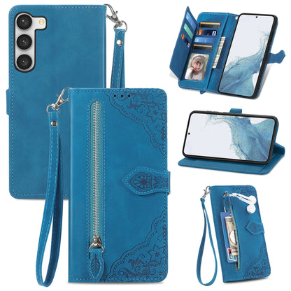Embossed Flower Zipper Leather Phone Case, For Samsung Galaxy S23 5G, For Samsung Galaxy S23 Plus 5G, For Samsung Galaxy S23 Ultra 5G