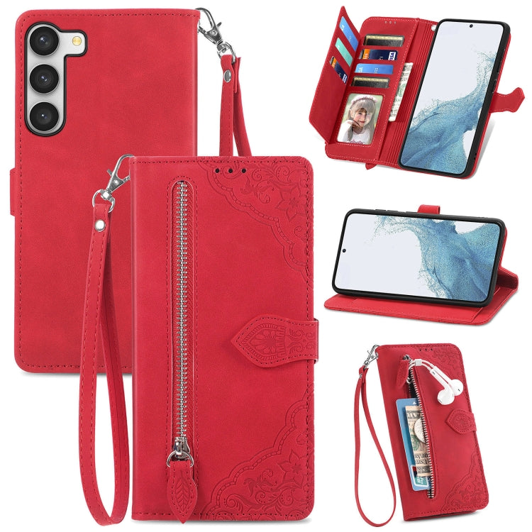 Embossed Flower Zipper Leather Phone Case, For Samsung Galaxy S23 5G, For Samsung Galaxy S23 Plus 5G, For Samsung Galaxy S23 Ultra 5G