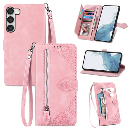 Embossed Flower Zipper Leather Phone Case, For Samsung Galaxy S23 5G, For Samsung Galaxy S23 Plus 5G, For Samsung Galaxy S23 Ultra 5G