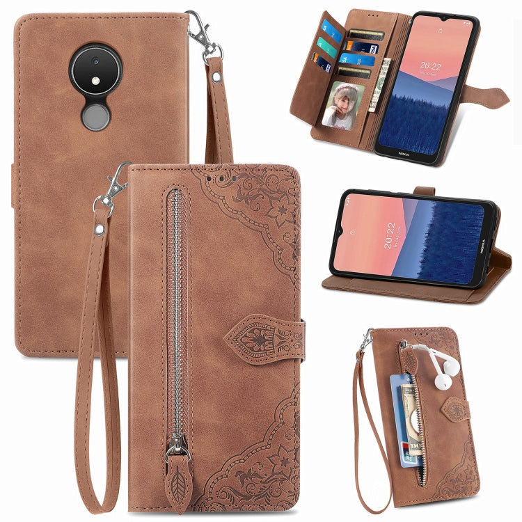 Embossed Flower Zipper Leather Phone Case, For Samsung Galaxy S23 5G, For Samsung Galaxy S23 Plus 5G, For Samsung Galaxy S23 Ultra 5G, For Nokia C21
