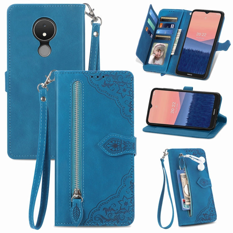 Embossed Flower Zipper Leather Phone Case, For Samsung Galaxy S23 5G, For Samsung Galaxy S23 Plus 5G, For Samsung Galaxy S23 Ultra 5G, For Nokia C21