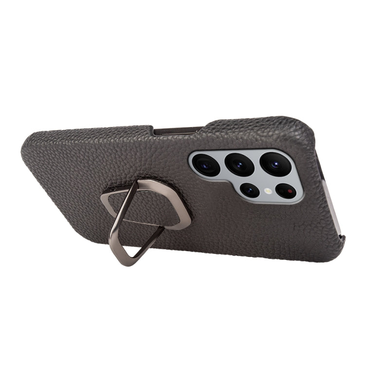 For Samsung Galaxy S22 Ultra 5G Ring Holder Litchi Texture Genuine Leather Phone Case, For Samsung Galaxy S22 Ultra 5G