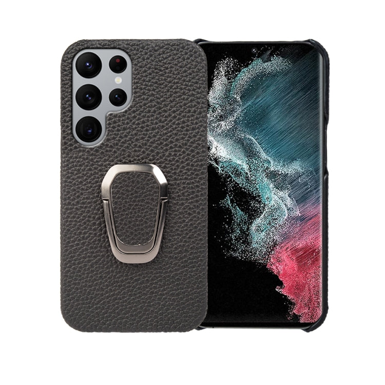For Samsung Galaxy S22 Ultra 5G Ring Holder Litchi Texture Genuine Leather Phone Case, For Samsung Galaxy S22 Ultra 5G