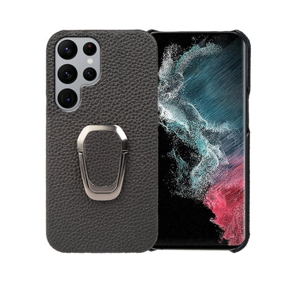 For Samsung Galaxy S22 Ultra 5G Ring Holder Litchi Texture Genuine Leather Phone Case, For Samsung Galaxy S22 Ultra 5G