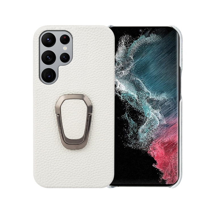 For Samsung Galaxy S22 Ultra 5G Ring Holder Litchi Texture Genuine Leather Phone Case, For Samsung Galaxy S22 Ultra 5G