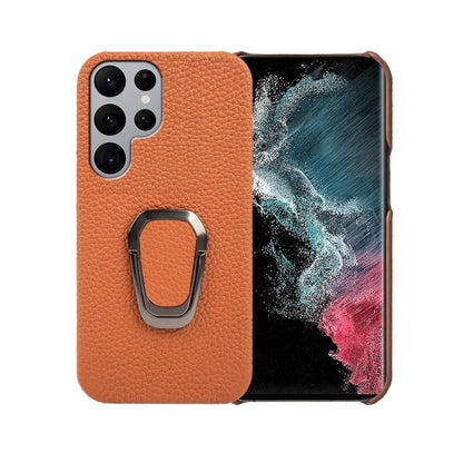 For Samsung Galaxy S22 Ultra 5G Ring Holder Litchi Texture Genuine Leather Phone Case, For Samsung Galaxy S22 Ultra 5G