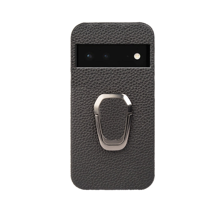 For Google Pixel 6 Ring Holder Litchi Texture Genuine Leather Phone Case