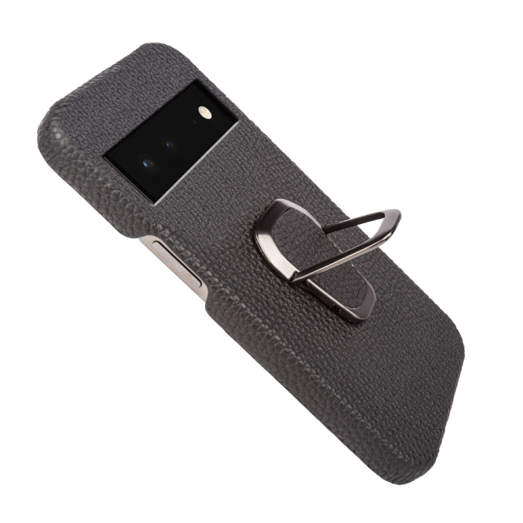 For Google Pixel 6 Ring Holder Litchi Texture Genuine Leather Phone Case, For Google Pixel 6