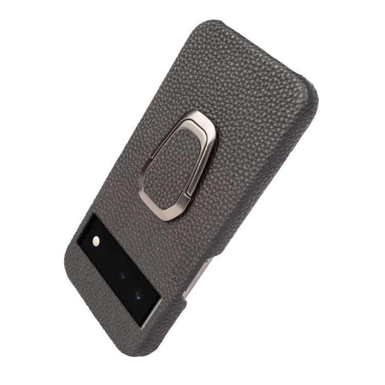 For Google Pixel 6 Ring Holder Litchi Texture Genuine Leather Phone Case, For Google Pixel 6