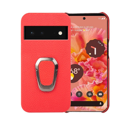 For Google Pixel 6 Ring Holder Litchi Texture Genuine Leather Phone Case