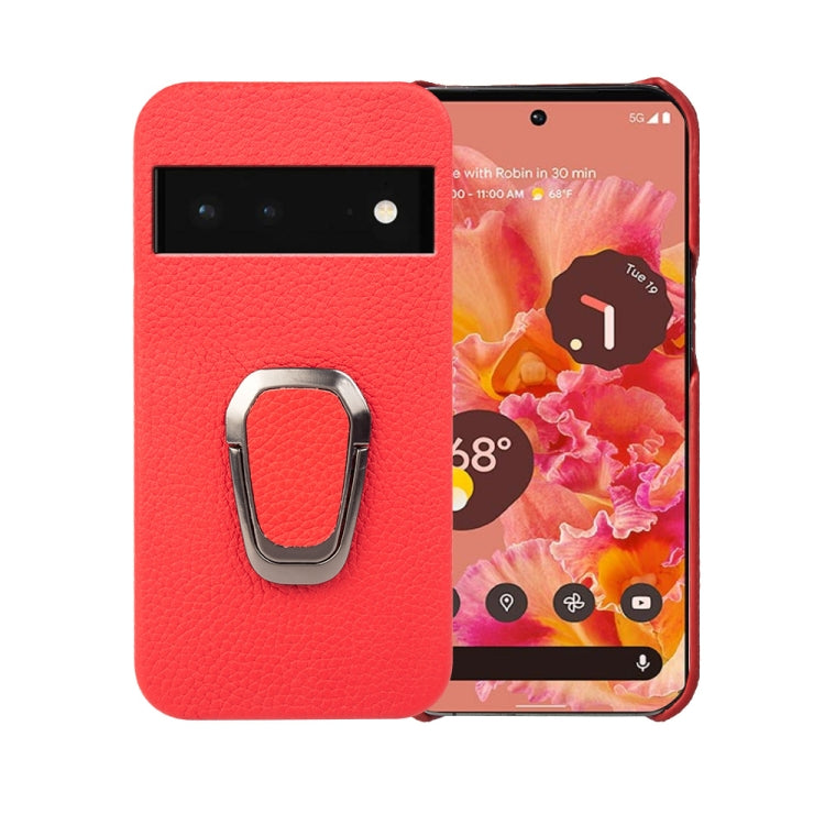 For Google Pixel 6 Ring Holder Litchi Texture Genuine Leather Phone Case, For Google Pixel 6
