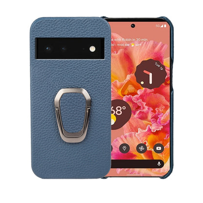 For Google Pixel 6 Ring Holder Litchi Texture Genuine Leather Phone Case