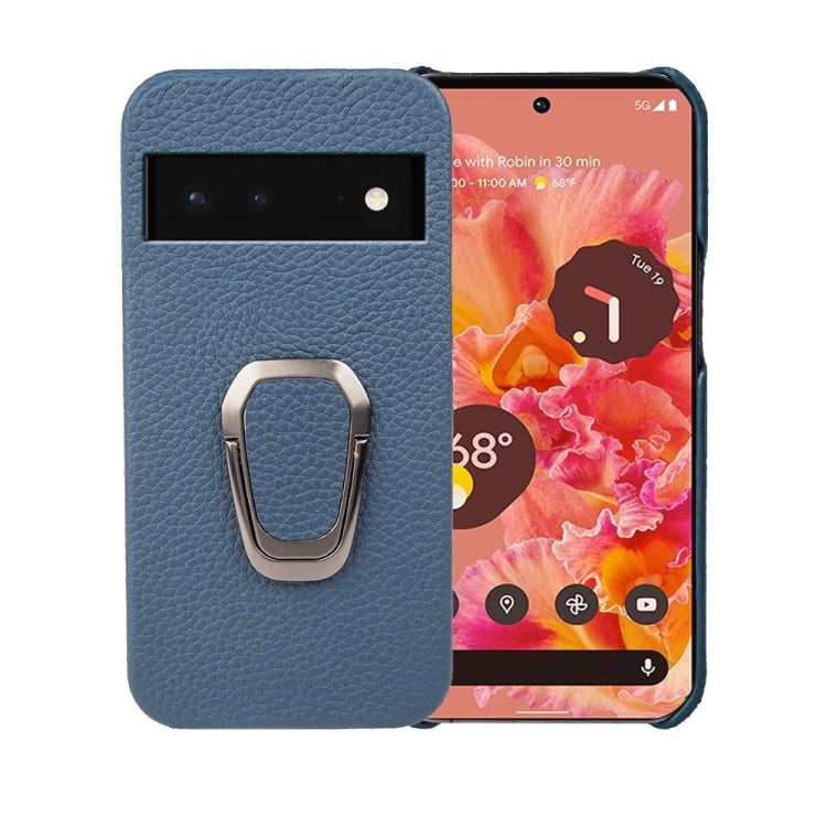For Google Pixel 6 Ring Holder Litchi Texture Genuine Leather Phone Case, For Google Pixel 6