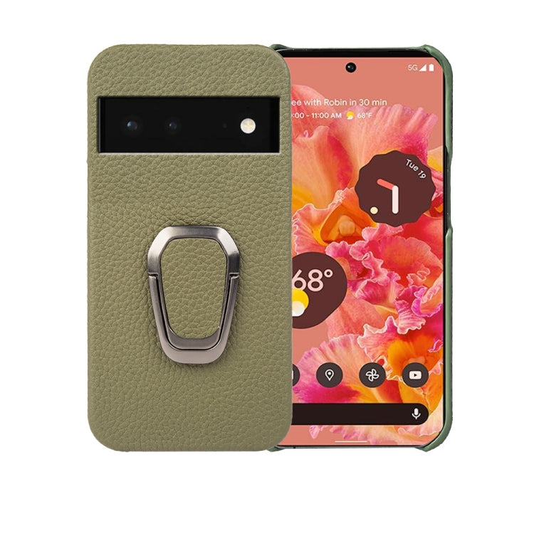 For Google Pixel 6 Ring Holder Litchi Texture Genuine Leather Phone Case, For Google Pixel 6